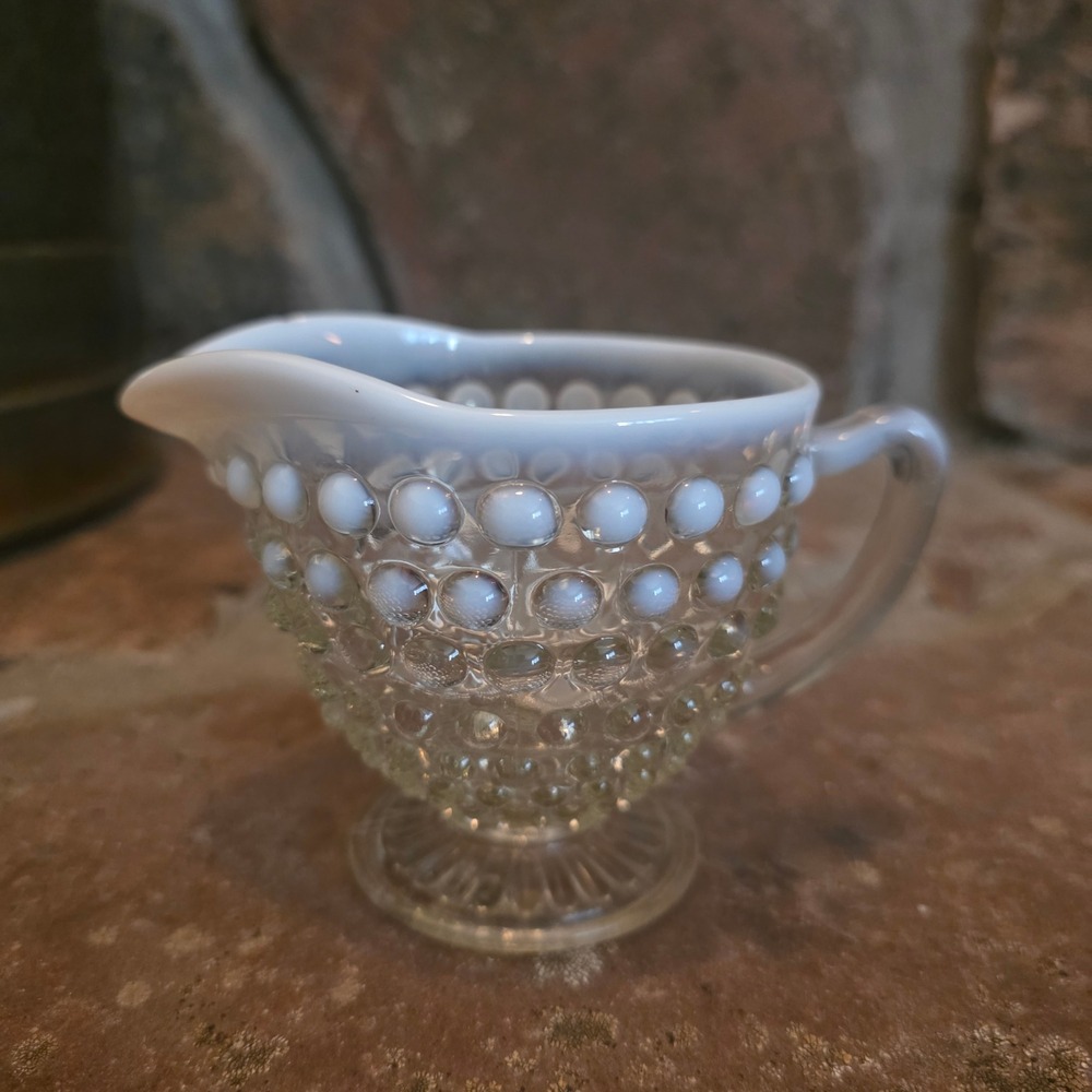 Fenton Hobnail Opalescent Milk Glass Footed Creamer Vintage Clear White Pitcher
